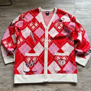 DC Comics Harley Quinn Sweater Cardigan Women's XL Patch Red Pink Cream